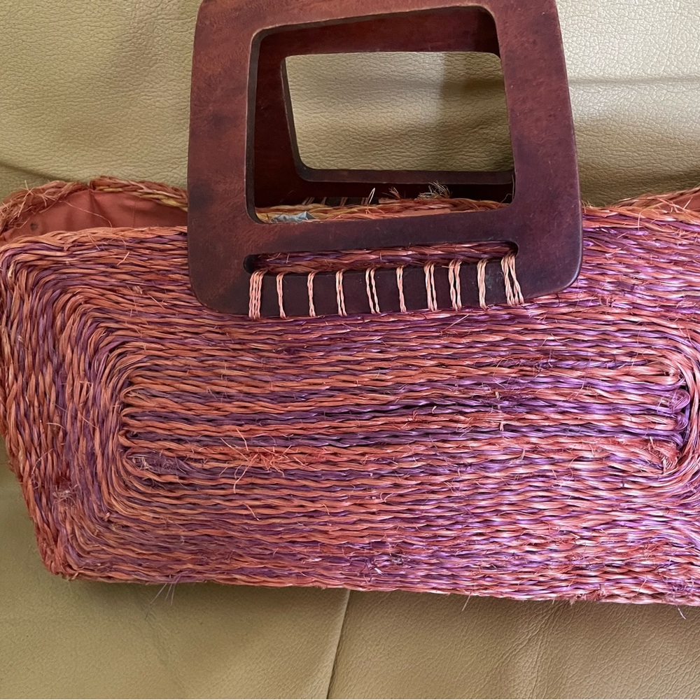 Cute bag with wooden handles. Unsure of the material.
